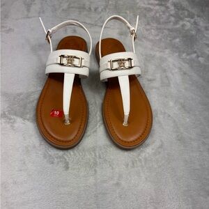 Tommy Hilfiger Carrer t strap white w gold logo detail sandals sz 10 nwot